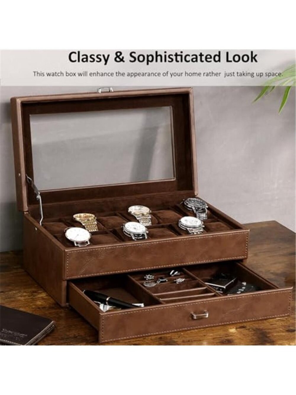 Watch Box 12-Slot, Watch Case with Large Glass Lid | 2-Layer Mens - Picture 6 of 6